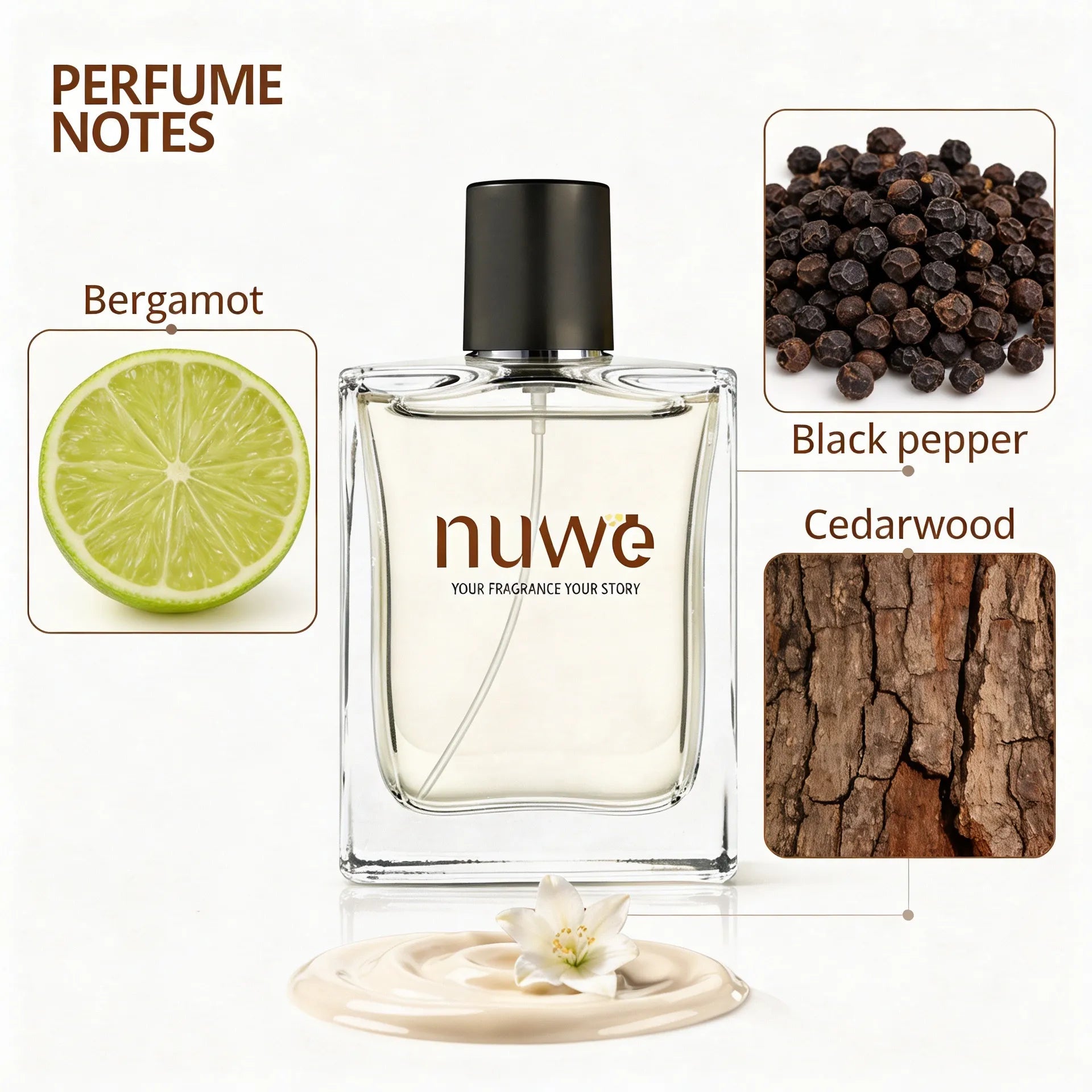 9 to 5 fragrance notes — citrus, aromatic herbs, woody cedar base, clean musk — imported perfume oils Nuwe Perfumes