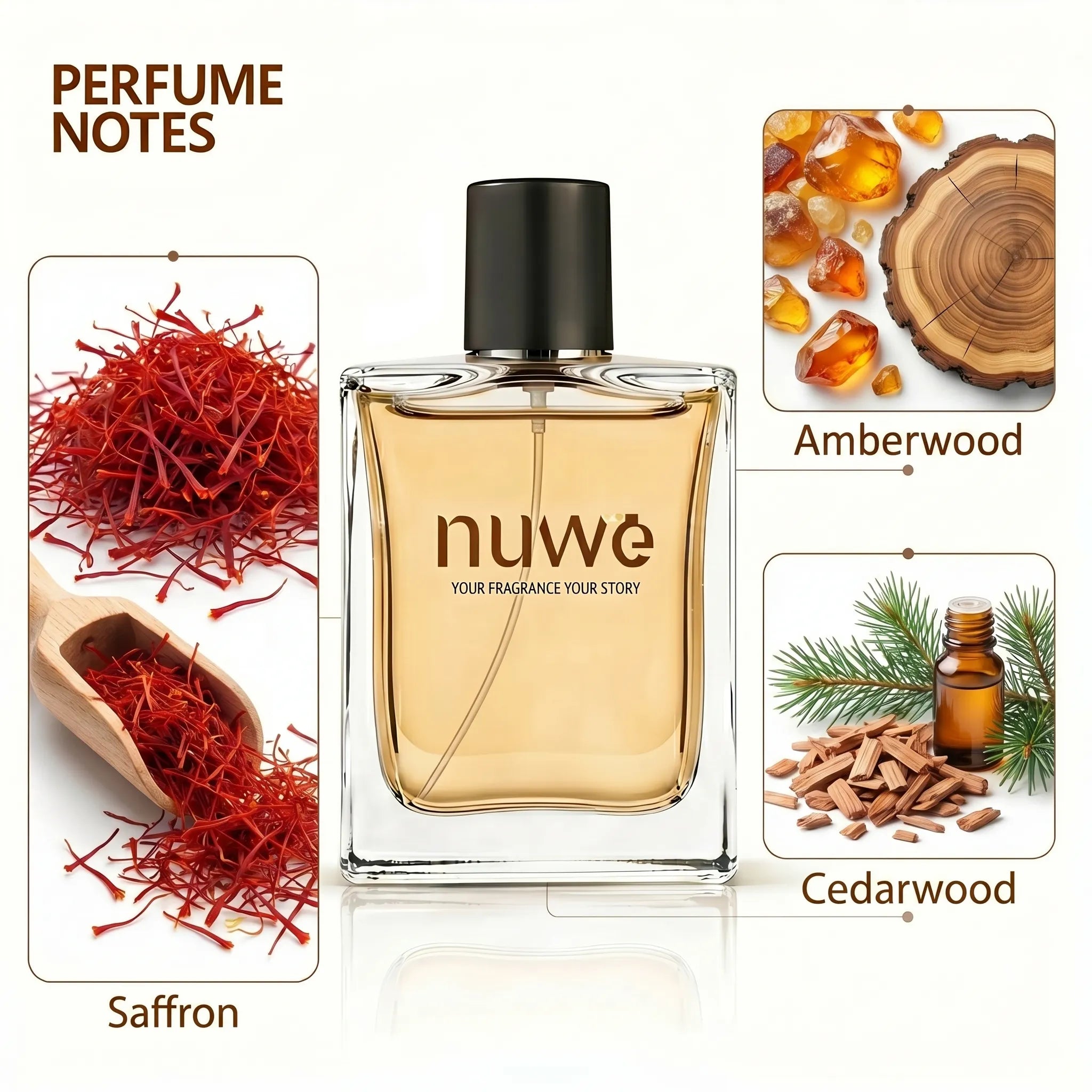 Amber Rouge fragrance notes — amber, saffron, rose, patchouli, oud — imported perfume oils Nuwe Perfumes