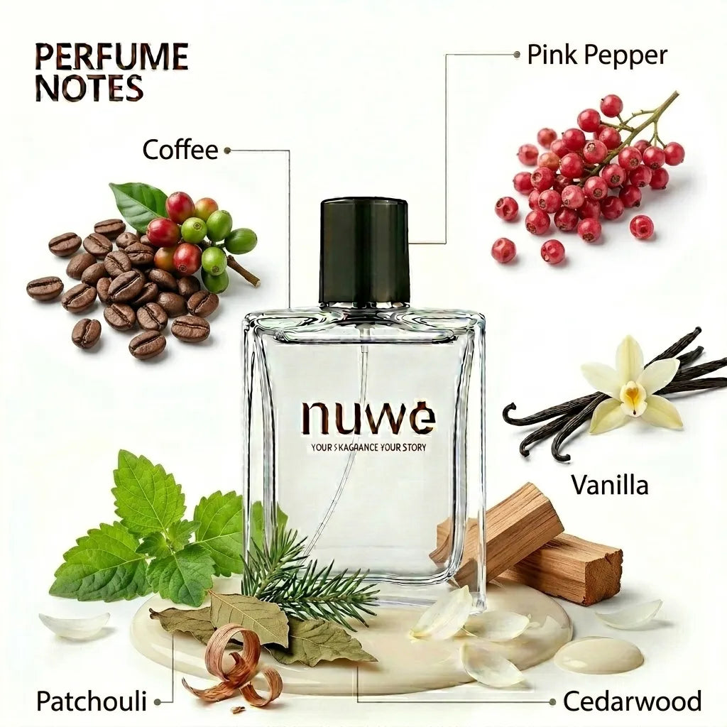Black Desire fragrance notes — dark rose, patchouli, amber, musk — imported perfume oils Nuwe Perfumes