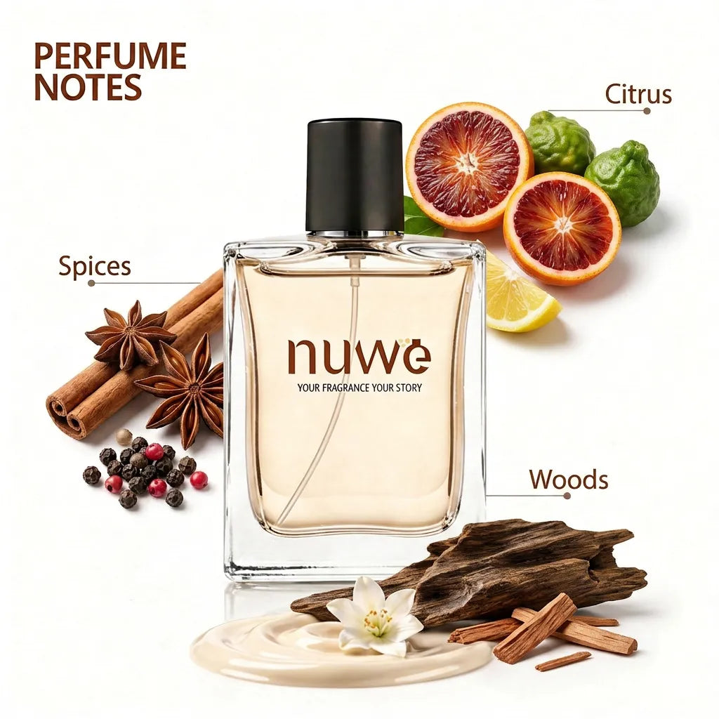Blue Day fragrance notes — bergamot, citrus, aquatic heart, woody base — imported perfume oils Nuwe Perfumes