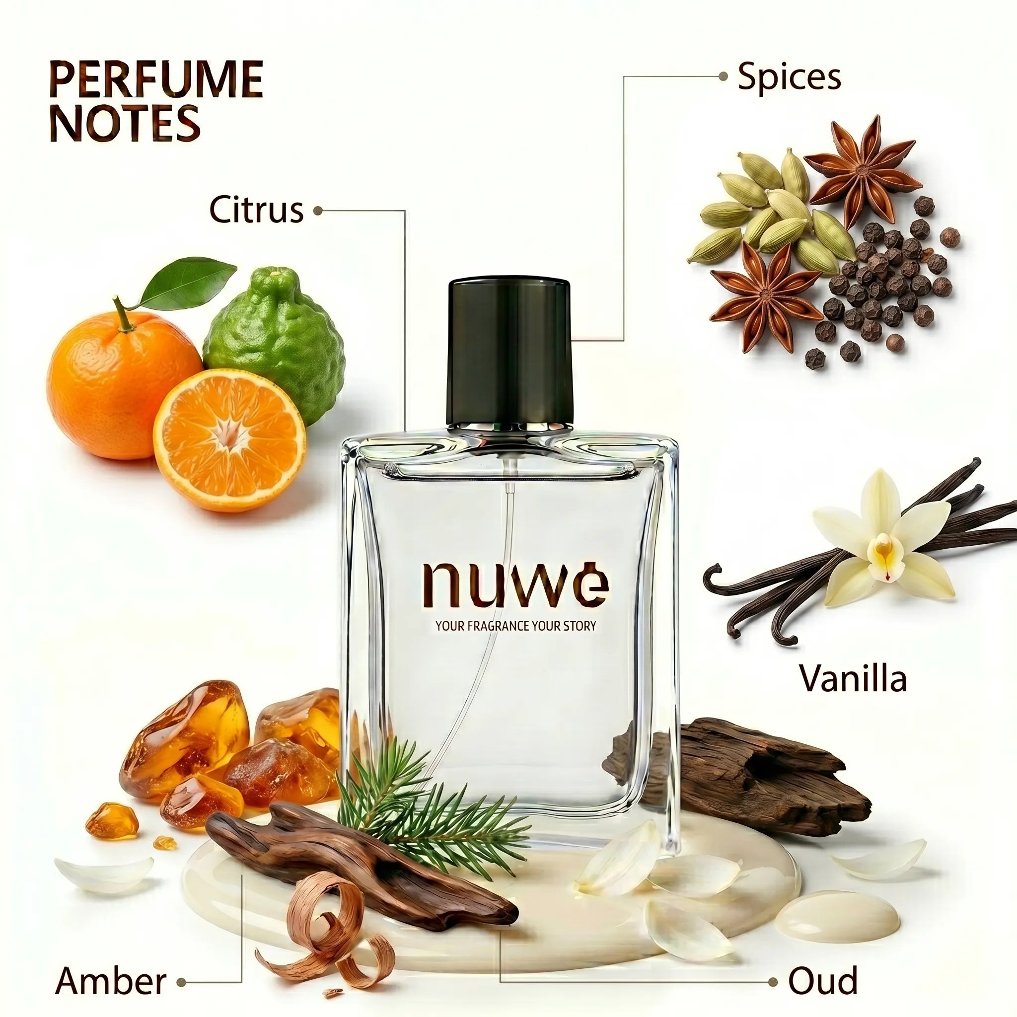 Desert Gem fragrance notes — spice, amber, oud, sandalwood, musk — imported perfume oils Nuwe Perfumes