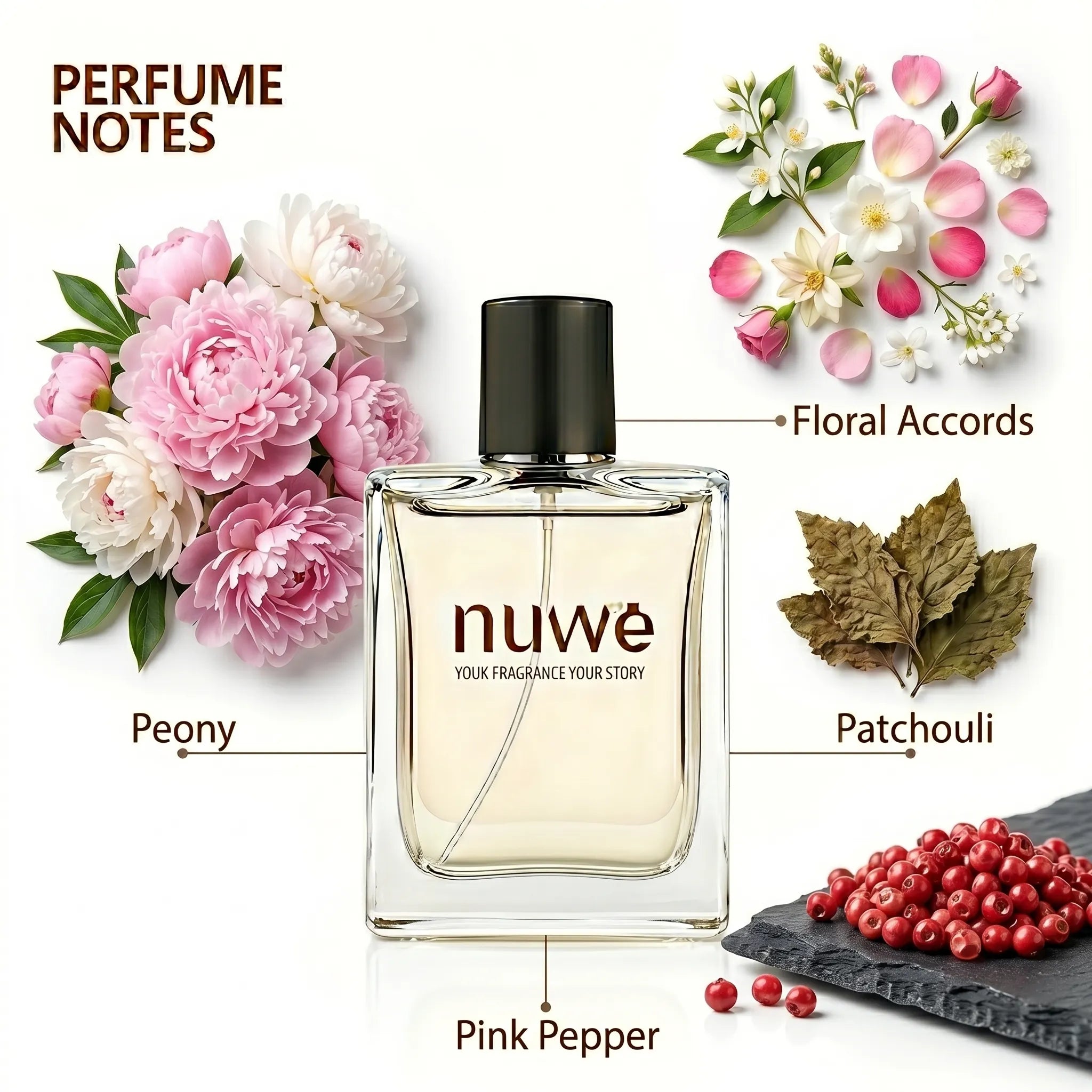 Flora Muse fragrance notes — fruity top, floral heart with rose and jasmine, soft musk base — imported perfume oils Nuwe Perfumes