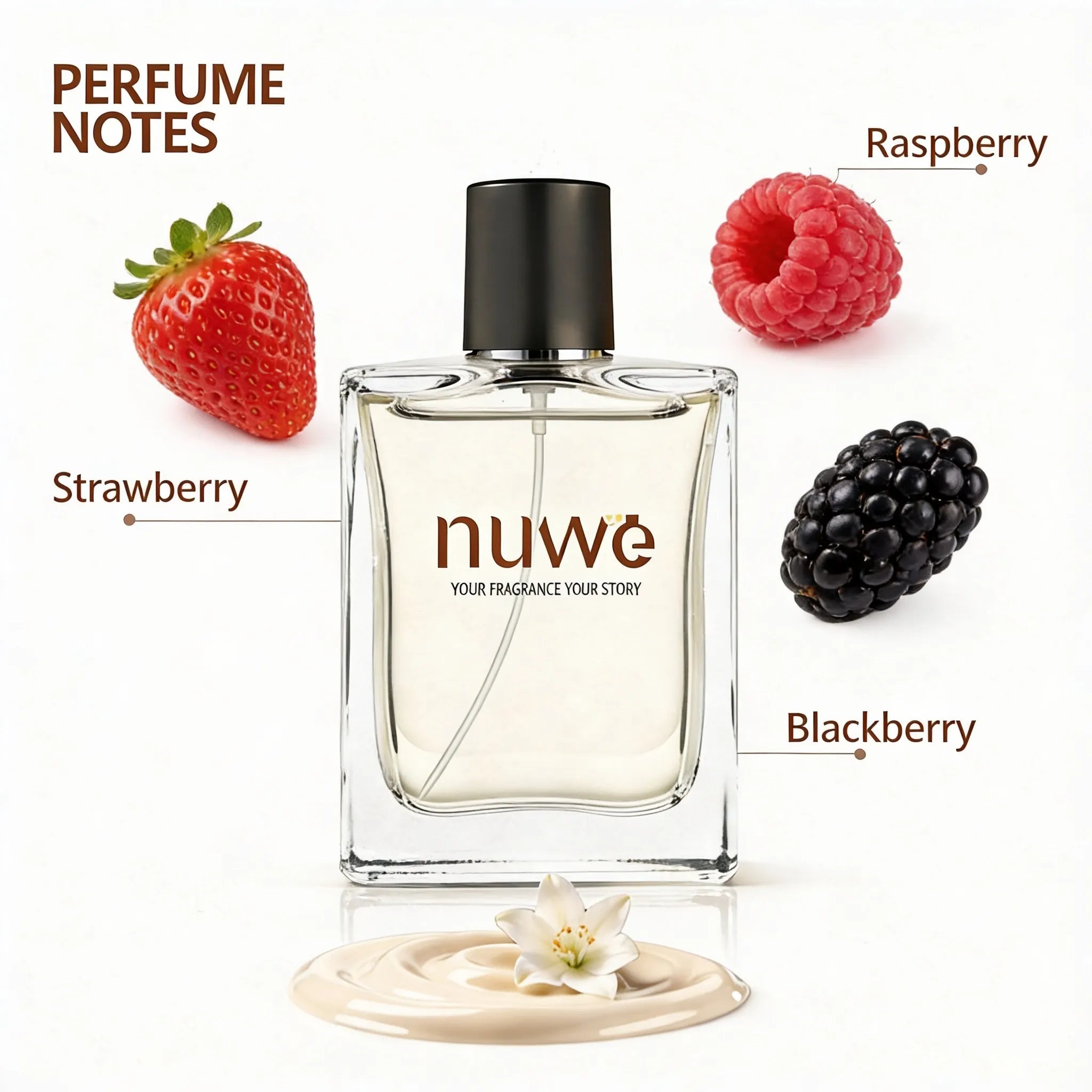 Her Bloom fragrance notes — bergamot, peach, rose, jasmine, white musk — imported perfume oils Nuwe Perfumes