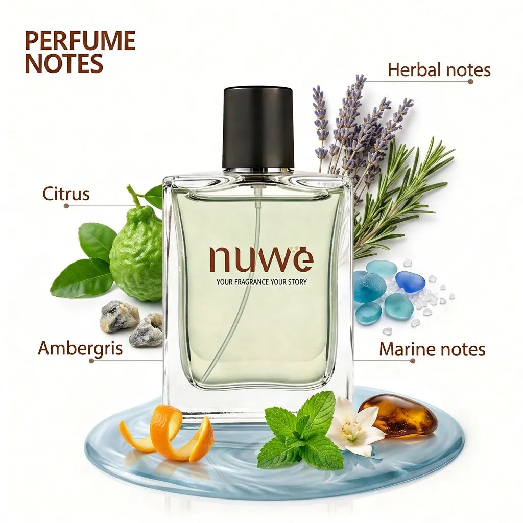Marezza fragrance notes — bergamot, marine accord, sea salt, white florals, driftwood and musk by Nuwe Perfumes