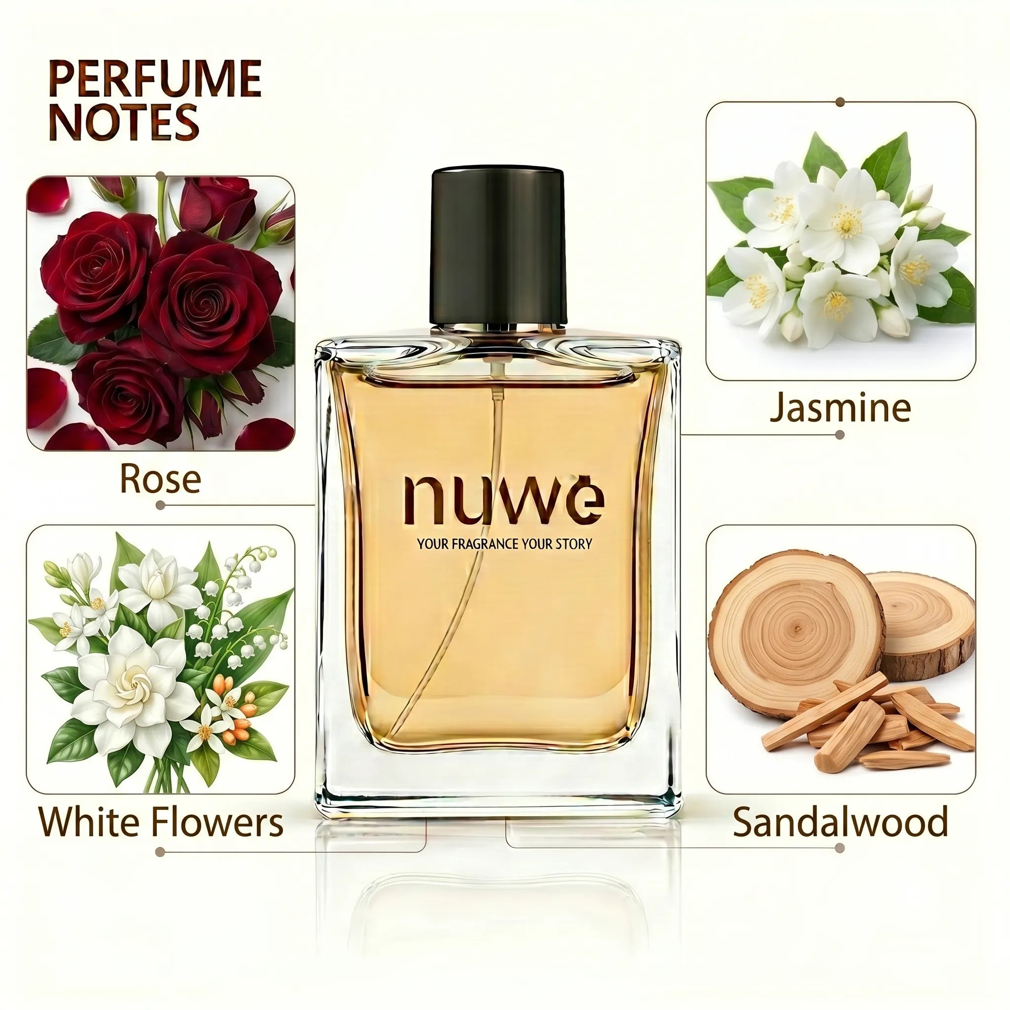 Musk Layali fragrance notes — white musk, amber, light florals, sandalwood — imported perfume oils Nuwe Perfumes