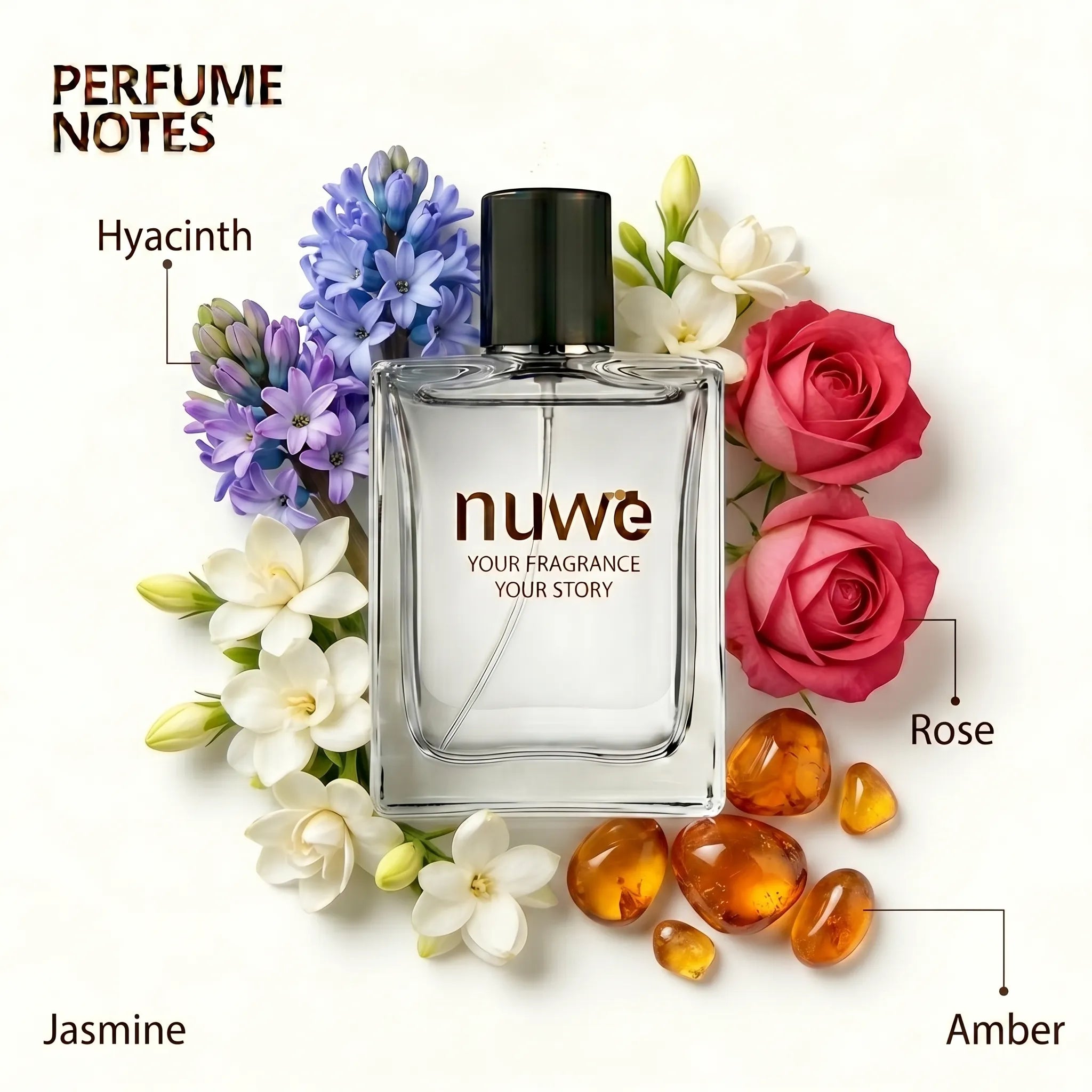 Petal Pop fragrance notes — bright fruity top, peony, rose heart, soft woods — imported perfume oils Nuwe Perfumes
