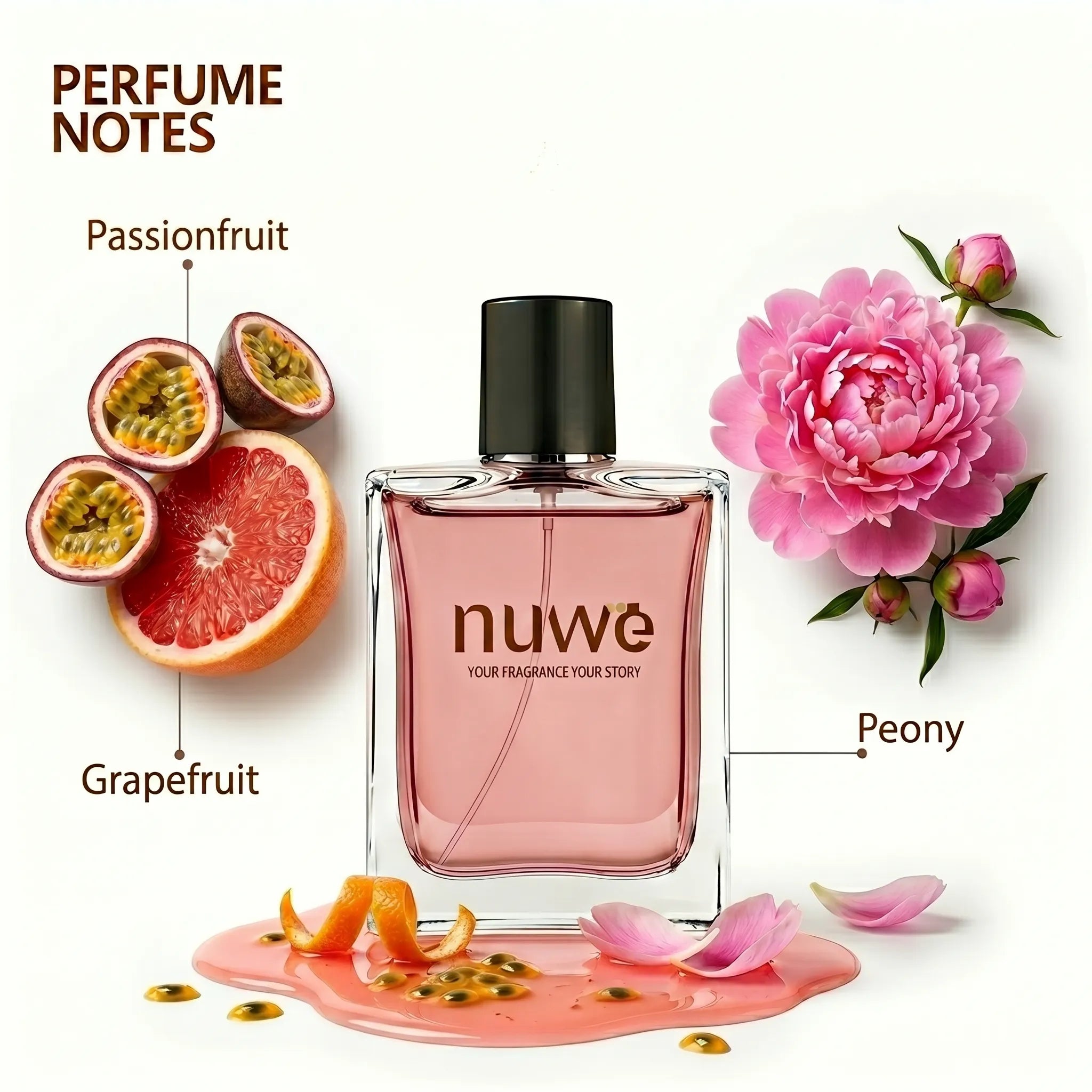Pinkshell fragrance notes — pink pepper, peony, soft musk, sandalwood — imported perfume oils Nuwe Perfumes