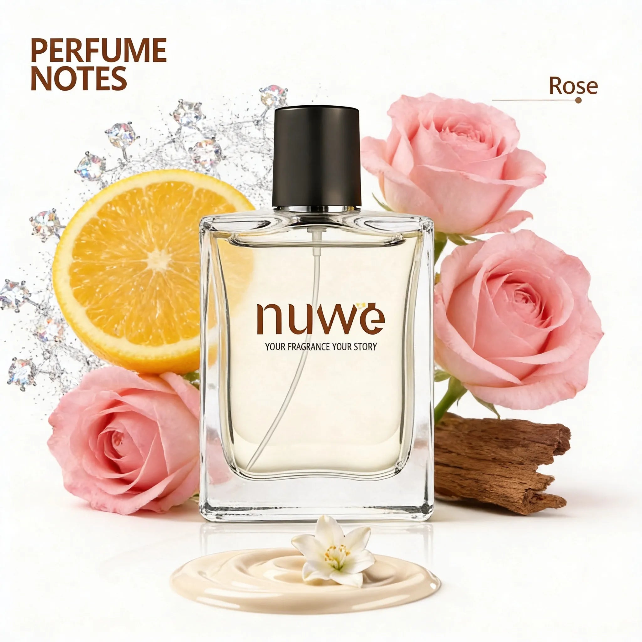 Sparkling Rose fragrance notes — bergamot, rose, peony, light cedar, musk — imported perfume oils Nuwe Perfumes