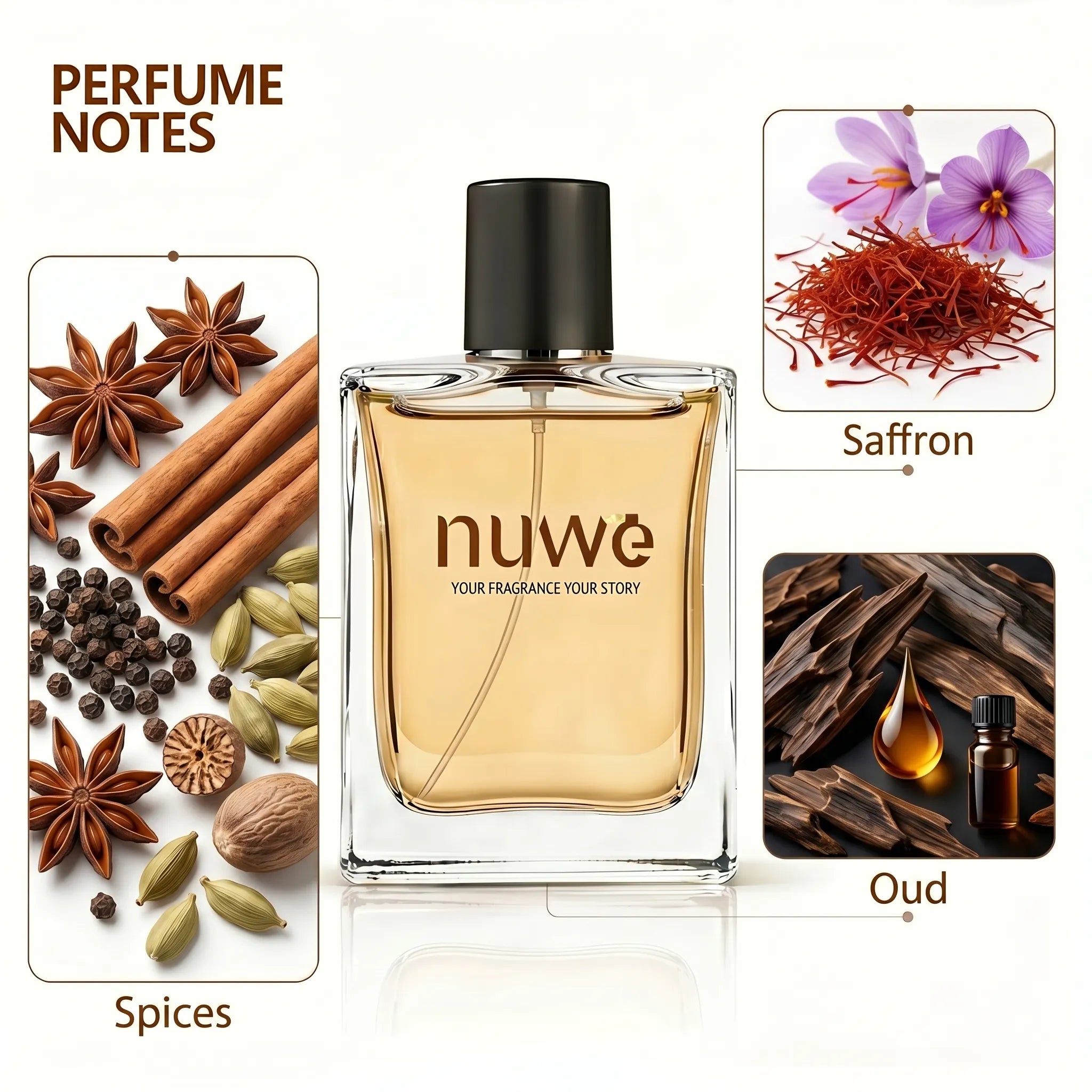 Turkish Oud fragrance notes — oud, spice, rose heart, sandalwood, musk base — imported perfume oils Nuwe Perfumes
